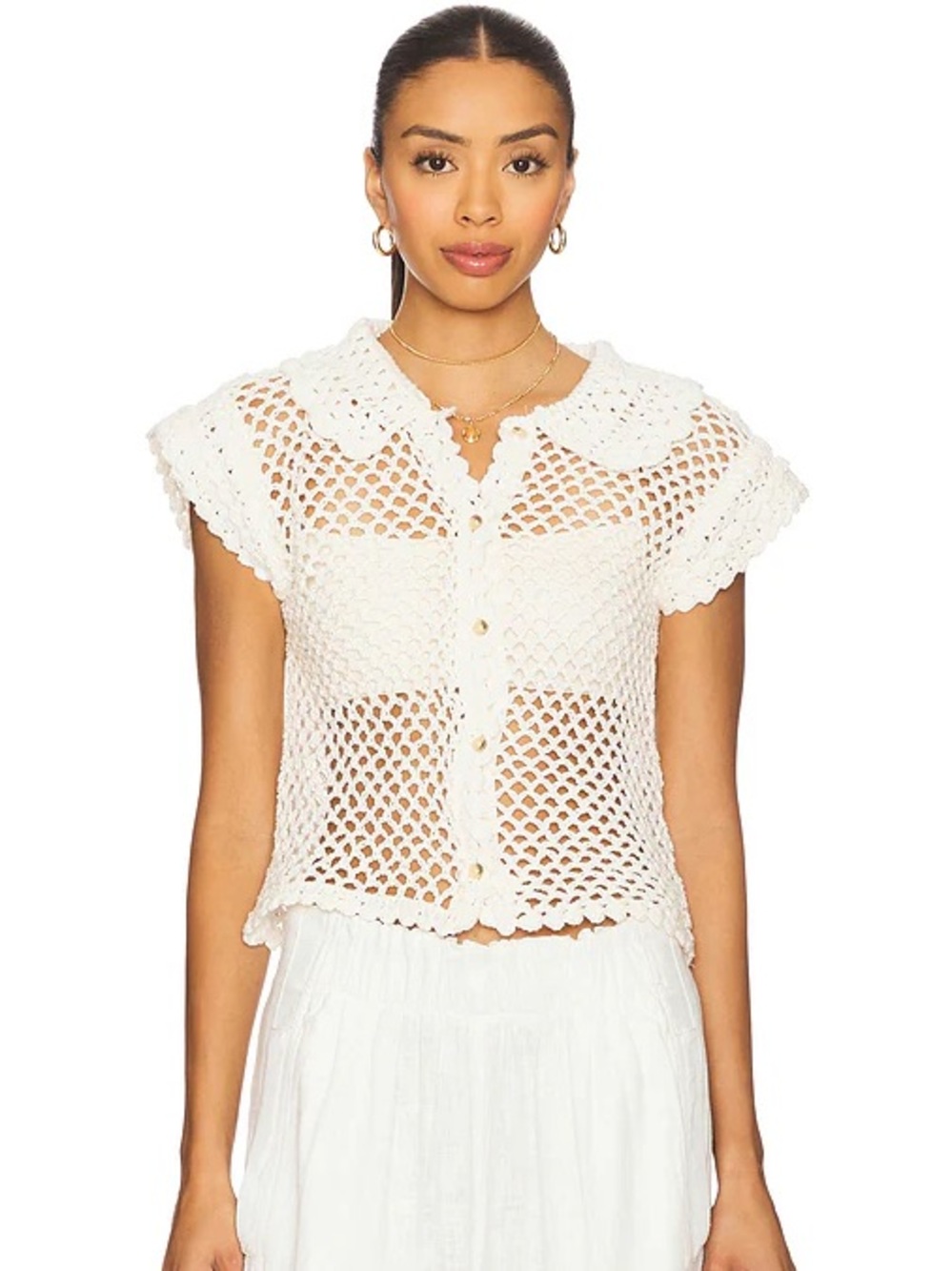 FREE PEOPLE White Lily Crochet Hollow Out Button-Front Top XS 0 2